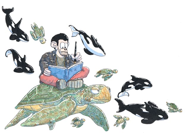 Autoportrait dessiné : Hugo, carnet ouvert et plume à la main, est assis en tailleur sur une grande tortue de mer, entouré d’orques et de bébés tortues.