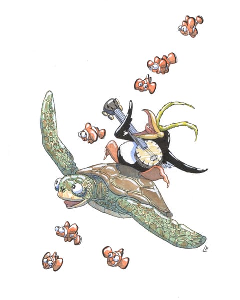 Aquarelle : un gorfou à aigrettes jaunes joue du banjo, assis sur une tortue de mer entourée de poissons-clowns.