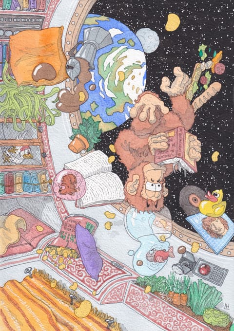 Aquarelle : un orang-outan plongé dans un livre flotte en apesanteur dans une chambre encombrée qui s’ouvre sur l’espace étoilé et la Terre.