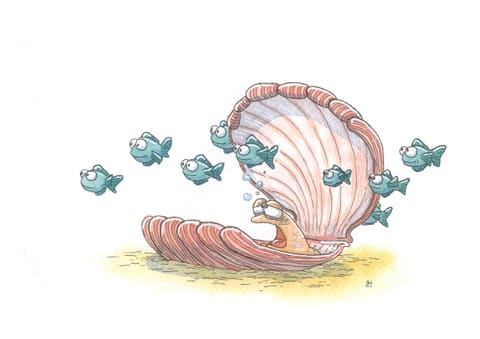 Aquarelle : un petit personnage somnole dans une coquille Saint-Jacques entrouverte, tandis qu’un banc de poissons bleus tourne autour.