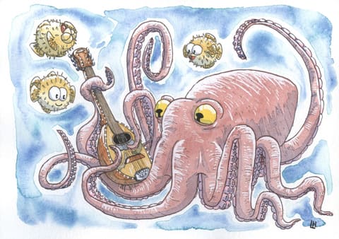 Aquarelle : une pieuvre rose joue de la mandoline au milieu de poissons-globes amusés.