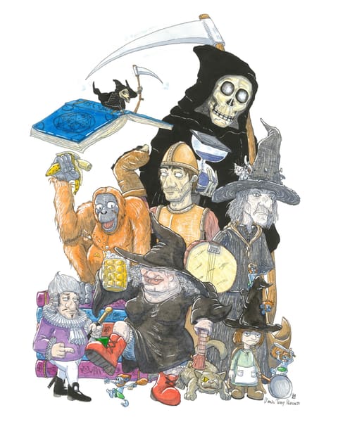 Hommage au Disque-monde de Terry Pratchett : la Mort et sa faux, le bibliothécaire orang-outan, des sorcières, un mage et d’autres personnages de la saga réunis.