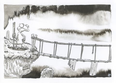 Dessin à l’encre : au bord d’une falaise, une grenouille contemple un pont de corde cassé au-dessus du vide brumeux.