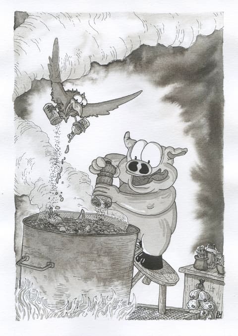 Dessin à l’encre : un cochon cuisinier poivre un grand chaudron fumant, tandis qu’une créature ailée y verse des épices.