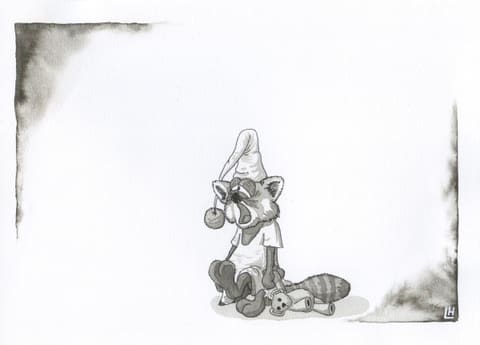Dessin à l’encre : un raton laveur en bonnet de nuit, assis par terre avec sa peluche, bâille au réveil.