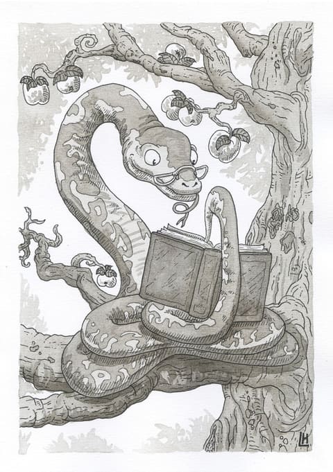 Dessin à l’encre : un serpent enroulé autour d’une branche de pommier lit un gros livre.