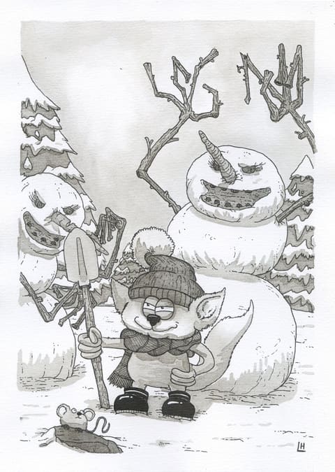 Dessin à l’encre : un renard emmitouflé, pelle à la main, pose devant un bonhomme de neige à l’air narquois.