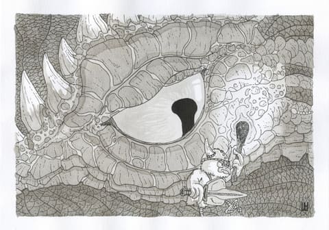 Dessin à l’encre : l’œil immense d’un dragon aux écailles hachurées fixe un minuscule guerrier casqué, l’épée à la main.