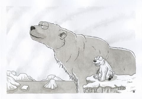 Dessin à l’encre : une ourse polaire majestueuse, nez au vent, veille sur son ourson assis sur la banquise.