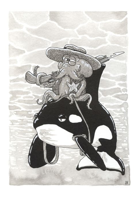 Dessin à l’encre : un poulpe en chapeau de cow-boy, étoile de shérif sur la poitrine, chevauche une orque.