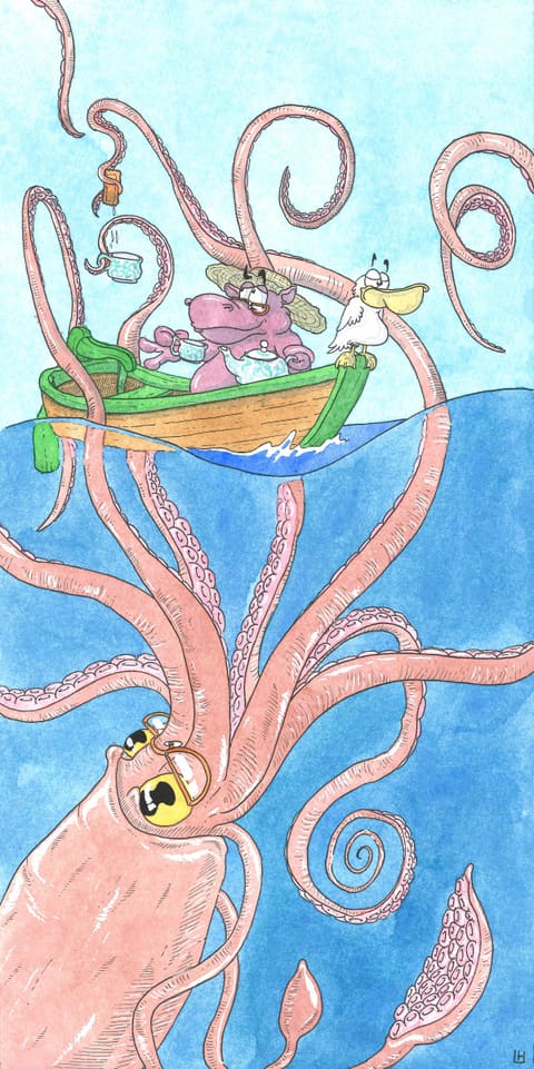 Bande dessinée à l’aquarelle : sous la surface, un calmar géant enlace de ses tentacules une barque où deux personnages prennent le thé.