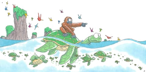 Aquarelle : un orang-outan juché sur une grande tortue de mer montre l’horizon du doigt, suivi d’une famille de tortues et d’oiseaux colorés.