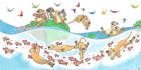 Aquarelle : des loutres plongent et jouent dans une rivière peuplée de poissons roses, sous une nuée d’oiseaux colorés.