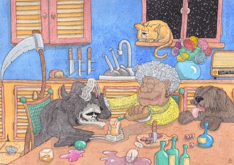 Aquarelle : dans sa cuisine, une grand-mère souriante trinque avec la Mort, sa faux posée contre le mur, en compagnie d’un gros chien et d’un chat.