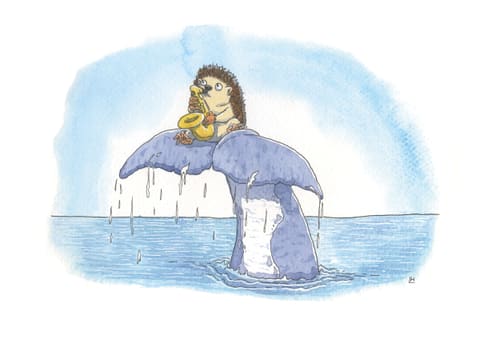 Aquarelle : un hérisson joue du saxophone, assis sur la queue d’une baleine qui sort de l’eau.