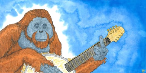 Aquarelle : un orang-outan roux joue de la guitare sur un fond de ciel bleu.