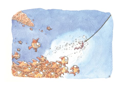 Aquarelle : au bout d’une ligne de pêche, un petit appât tente de négocier avec un poisson orange, sous les yeux de tout un banc.