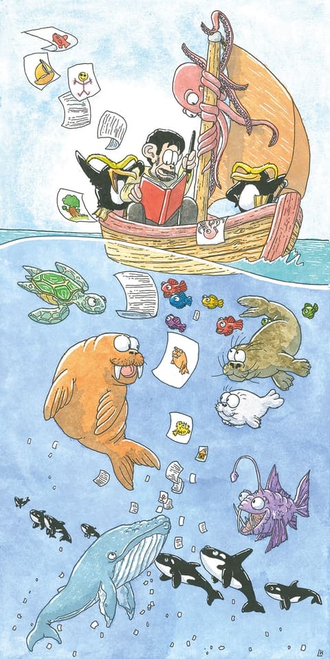 Aquarelle : un marin dessine dans sa barque tandis que, sous la surface, une pieuvre, un phoque, des tortues, une baleine et des orques jouent avec ses dessins.